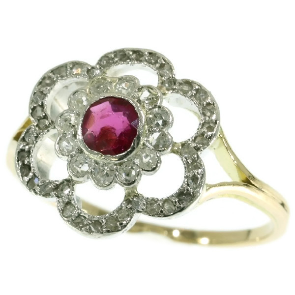 Art Deco roset ring platinum gold diamonds and ruby